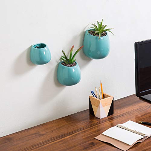 Mygift Aqua Blue Ceramic Wall Hanging Planter Indoor Small Succulent Pot, Set Of 3 #TOP2
