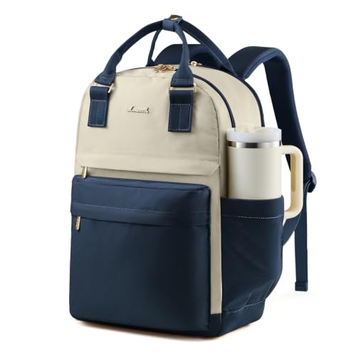 Image of LOVEVOOK Laptop Backpack for Women with Giant Tumbler Holder Pocket, 15.6 inch Laptop Computer Bag Travel Backpack Purse, Waterproof Work Nurse Teacher Bag College School Bookbag, Navy & Dark Apricot