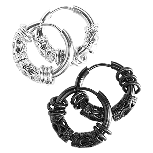 USHOBE 2 Pares De Brincos Masculinos De Argola Huggie Brincos De Dragão Punk Brincos De Aço Inoxidáv