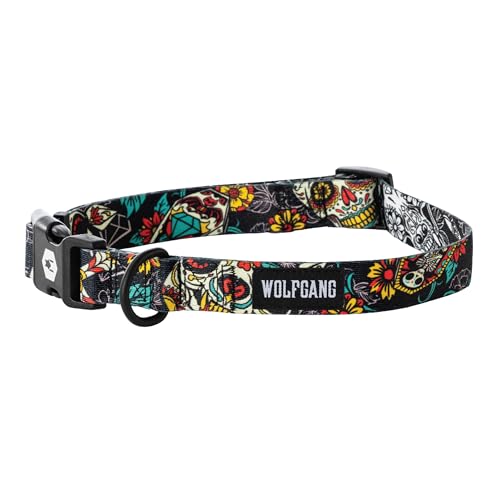 Wolfgang Heavy Duty, Adjustable Dog Collar with Quick Release Nylon Buckle for Walking & Training, LosMuertos Print, Small