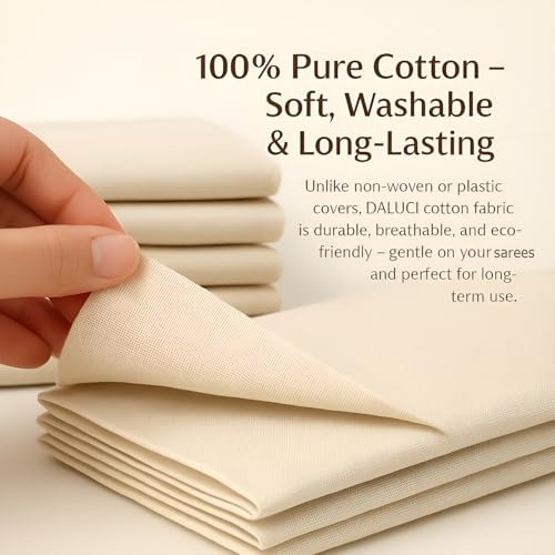 Image of DALUCI Cotton Saree Cover for Storage | Saree Bags (18x15 Inch) with Button Closure & Transparent Mesh Window | 100% Washable Fabric Clothes Organizer for Storage | Wardrobe Organiser (Pack of 12)