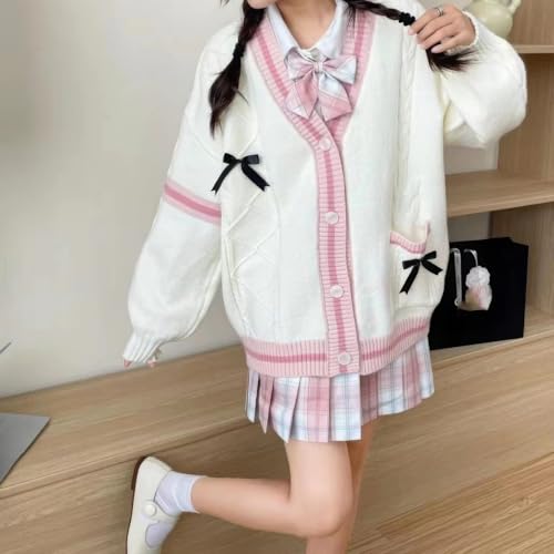 Image of ebossy Womens Kawaii Cute Bowknot Cable Knit Cardigans Sheep V Neck Button Down Slouchy Preppy Wool Blend Sweater Coat