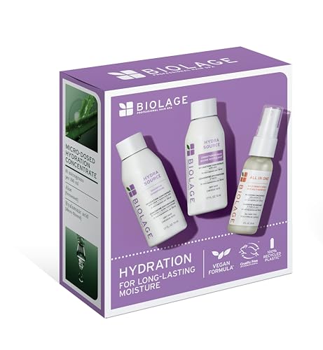 Biolage Hydra Source Travel Size Trio Kit - With Mini Hydra Source Shampoo, Conditioning Balm, & All-In-One Spray, For Dry Hair, Deeply Moisturizes, Detangles & Adds Shine, 3 Piece Mini Set