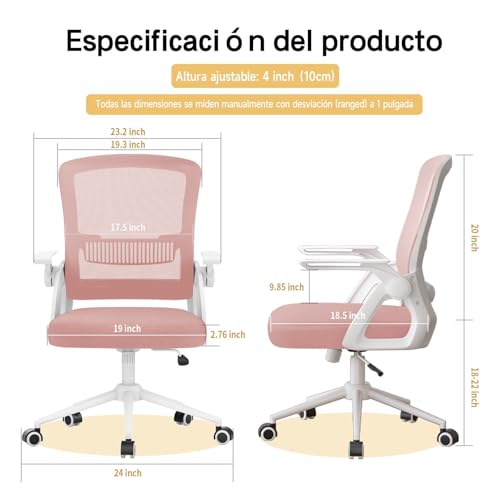 Miniatura 2 de Naspaluro Silla Ergonómica De Oficina Con Respaldo De Malla Y Soporte Lumbar, Silla Escritorio Giratoria Altura Regulable, Reposabrazos Plegables 90 , Función Inclinable, Para Hogar Y Oficina, Rosa