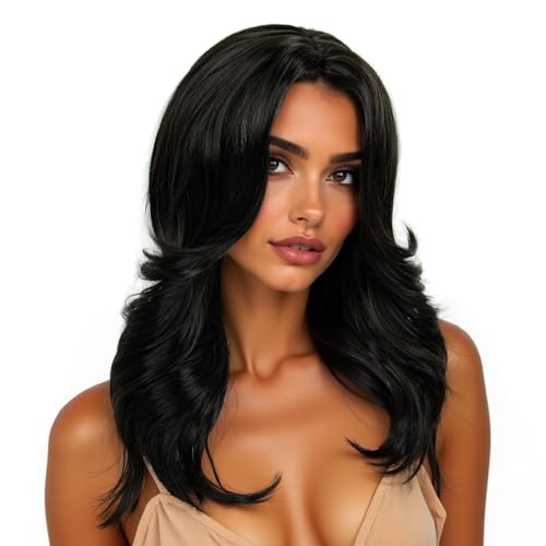 Image of 70s Brown Highlight Disco Wig Farrah Fawcett Wigs for Women Lady Natural Synthetic Full Wigs Vintage Cosplay Costume Hair Wig (Natural black)