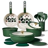 CAROTE 21Pcs Ceramic Cookware Set, Pots and Pans Set Non stick, Non Toxic Cookware Detachable Handle, Kitchen Cooking Set - Induction Cookware, Dishwasher/Oven Safe, PFAS Free, Green