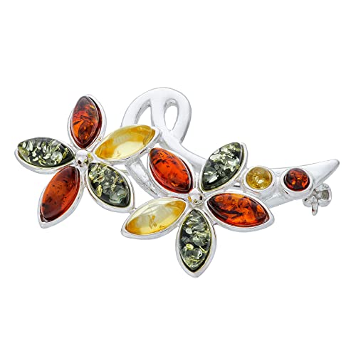 Image of Women's Brooch Colourful Flowers III with Amber, Polished Sterling Silver, Baltic Natural Amber in Three Colours, A Gift for Any Occasion