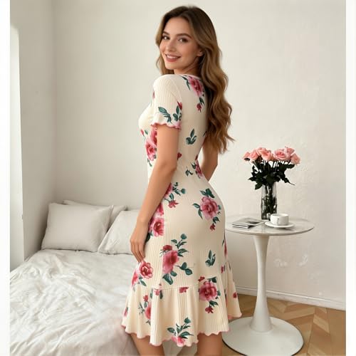 Eternatastic Women's Floral Print Short Sleeve Nightgown Crew Neck House Dresses Loungewear Ribbed Sleep Dress Nightshirt M Beige — view 3