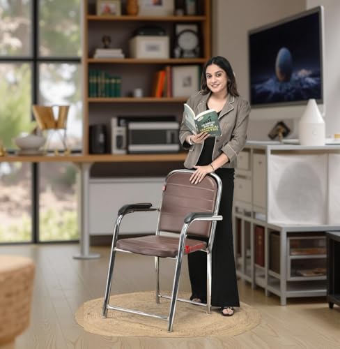 Image of Office Chair Visitor Chair with arm Rest with Steel Frame and Cushioned seat Back, Chair Without Wheels Holds up to 140 kg Heavy Design (4, Coffee, Heavy)