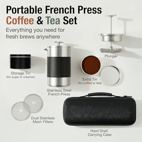 Small French Press Coffee Maker Set - 12 oz | Portable Travel French Press Coffee Maker | Double Wall Insulated with Dual Stainless Filters & 2 Steel Canisters for Grounds, Tea, Creamer & Sugar - 2