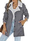 Dokotoo Womens Ladies Winter Jean Denim Fleece Jacket Collar Button Down Sherpa Fashion Fluffy Coats for Women 2023 Jackets Outerwear with Pockets Grey Medium