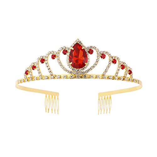 Metal Princess Crown Queen Party Supplies Hair Tiara Gold Crowns with Red Crystal and Side Combs (Red)