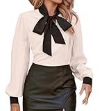 Avanova Women Bow Tie Neck Bishop Long Sleeve Shirts Casual Work Blouses Tops White Small