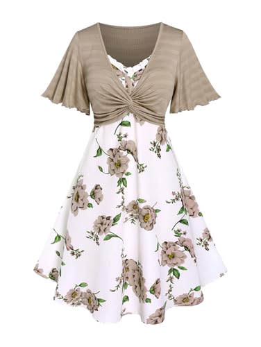Image of Rosegal Plus Size Women Cottagecore 2PC Floral Sundress Set | Flutter Sleeves Twisted Crop Top, Cottagecore Floral Cami Dress, Vintage Midi Dress Set, Sleeveless Midi Dress