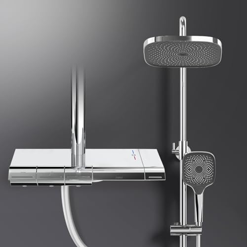 EMKE Système de Douche avec Thermostat, Ensemble de Douche avec Colonne de Douche, Pommeau de Douche à Main avec 3 Jets, Douche Pluie, Système de Douche Chromé