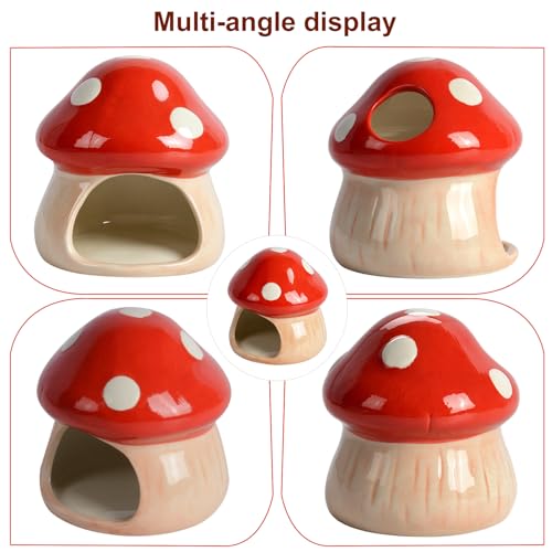 Image of AnRui Ceramic Betta Fish Tank Accessories Decor Cute Mushroom House Aquarium Decoration Hideout Cave Ornament for Small Fish, Shrimp, Goldfish and Reptiles (Red)