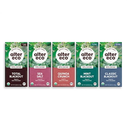 Alter Eco Dark Chocolate Variety Pack 5pk – Blackout 85%, Quinoa Crunch, Sea Salt Organic, Superdark Mint & 100% Cacao – Organic Fair Trade Chocolate Bars