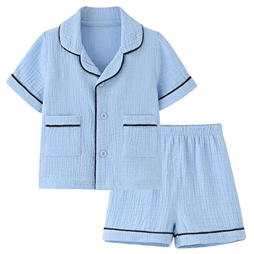 Image of BINIDUCKLING Toddler Pajama Set Short Sleeve Sleepwear Boy Girl Button Down Pjs Cotton Loungewear Nightclothes