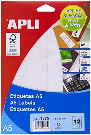 APLI 1875 - White A5 Labels 34 x 67 mm 15 Sheets