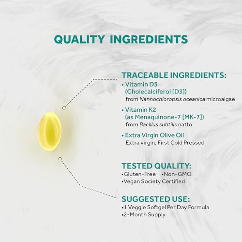 Image of Naturalis Vegan Vitamin D3+K2 from Algae | 5000 IU D3 with 120mcg MK7 | Vegan Society Certified,Sustainably Sourced,Better Than Animal Derived | Better Support for Bone & Immune Health* | 60 Softgels