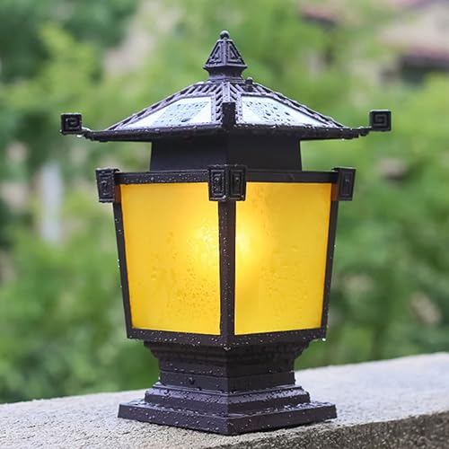 Solar Yellow Glass Post Cap Lights Outdoor Fence Deck Light Courtyard Landscape Lawn Floor Lamp Retro Industrial Villa Style Aluminum for 4x4 5x5 6x6 Posts Garden Patio Decorat (30CM)