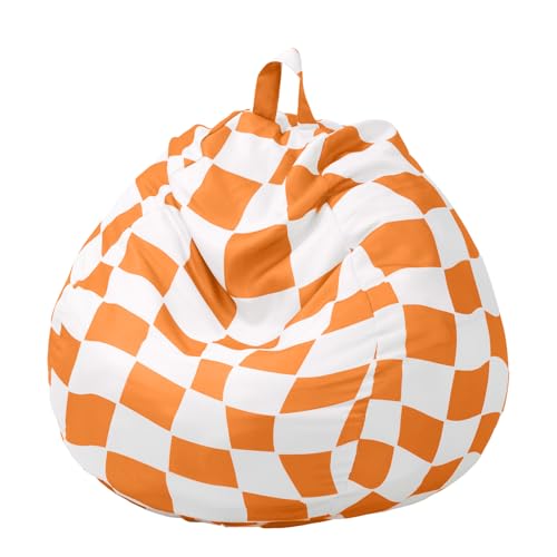 VitalCozy Bean Bag Chair for Teens (No Filler) Stuffed Animal Storage Bean Bag Chair Cover Polyester Stuffable for Kids Plush Toys Clothes Home Supplies (Orange and White Plaid)
