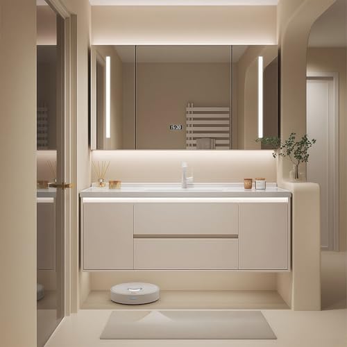 Modern Wall Mounted Floating Bathroom Vanity with Integrated Ceramic Sink, No Assembly Required, Hanging LED Intelligent Lighted Sensor and Demisting Mirror, Cabinet Spaces