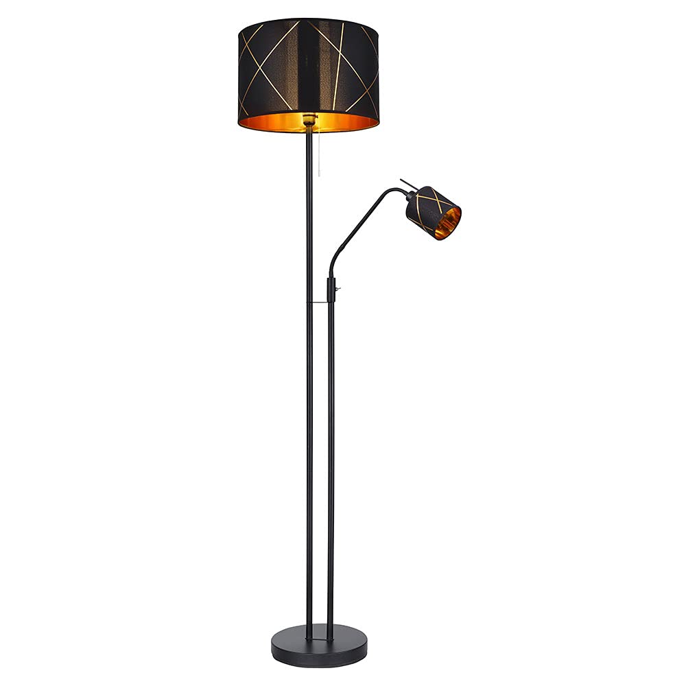 LED Stehlampe Wohnzimmer mit Leselampe Deckenfluter schwarz gold, Textilschirm, Leseleuchte flexibel getrennt schaltbar, 1x 9W 810Lm 1x 4,9W 470Lm warmweiß, DxH 40x175 cm