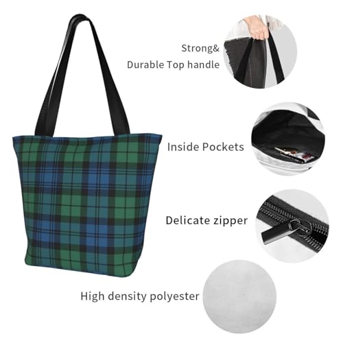 Scottish Plaid Clan Campbell Green Blue Tartan Reusable Zippered Shoulder Bag, Stylish Polyester Tote With Wide Handle & Inner Pocket, Lightweight Durable Shopping & Travel Bag3