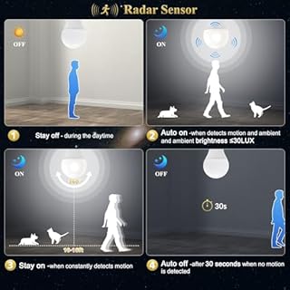 DiCUNO Radar Motion Sensor Light Bulbs Outdoor, 12W (100W Equivalent), Motion Sensor Bulb Auto On/Off, Daylight White 5000K, 1100 LM, A19 E26 Indoor/Outdoor Lighting for Front Porch Garage, 2-Pack