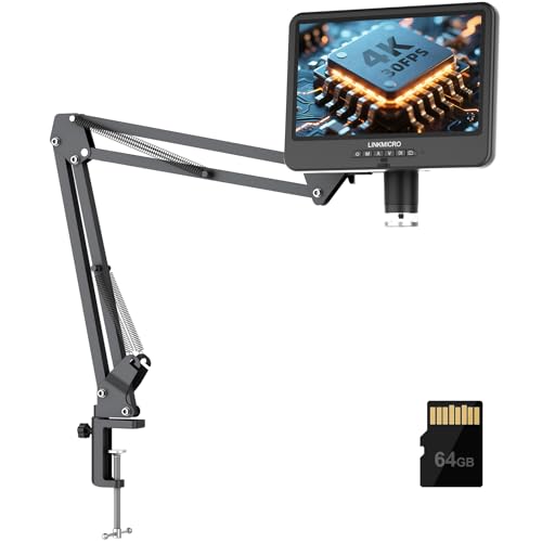 LINKMICRO 4K 30FPS HDMI 10.1'' Digital Microscope with Screen for Electronics Repair, LM208S-A 4K Soldering Microscope Camera 1500X with Flex Arm Stand, Full View Coins, 3840P Video Audio Record, 64GB