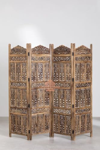 Image of Home & Goods International Wooden Room Divider Partition - Foldable Wood Screen Separator for Living Room, Bedroom, Office, Restaurant || Kangra Badrun, Brown - 4 Panel