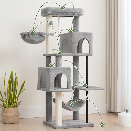 Image of Gitelsnour Cat Tree Tower with Sturdy Steel Tube for Indoor Cats GCT014W | 51.2'' Cat Furniture with Scratching Posts, Hammock, Basket and Padding Top Platform for Inoor Cats Large Adult, Light Gray