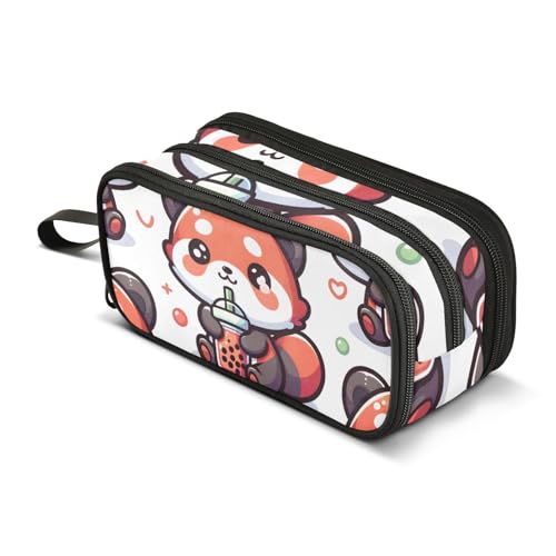 Cute Red Panda with Bubble Tea Cartoon Pencil Case, Large Capacity Pen Bag for Boys Girls 3 Compartment Pencil Pouch Students Stationery Organizer Marker Case for School Office Work