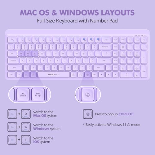 Purple Wireless Keyboard and Mouse Combo for Desktop Mac iPad Bluetooth 2.4 Ghz Rechargeable Slim Silent Click with Number Pad Compatible with Pc, Laptop, Tablet (Purple) by MICROPACK Digitally Yours - Used condition - Image 4