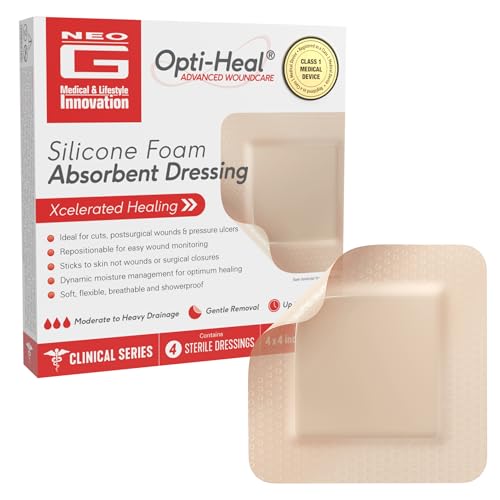Neo G Opti-Heal Silicone Foam Dressing with Border - Absorbent, Adhesive Foam Wound Dressing for Cuts, Ulcers, Diabetic Wound, Bedsore Wound Care, Burns, Surgical - Island Dressing 4x4-4 Pcs