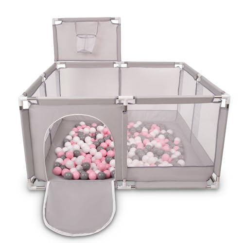 Selonis Laufstall Mit Korb Und 100 Bälle Laufgitter Für Kinder, Grau:Weiß/Grau/Puderrosa