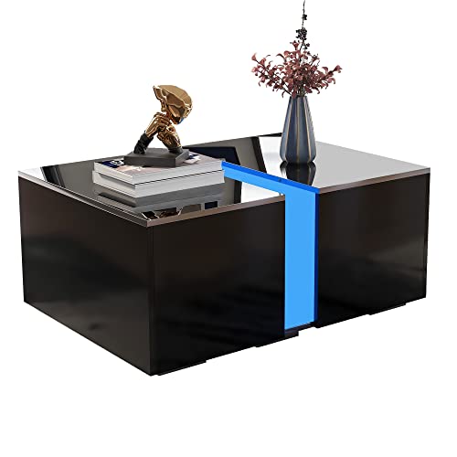 Mearx Table Basse avec LED - Moderne et Brillante - avec Compartiment caché rétractable - Table de Salon rectangulaire avec lumière LED - 16 Couleurs - Table d'appoint - pour Bureau - Noir Cover