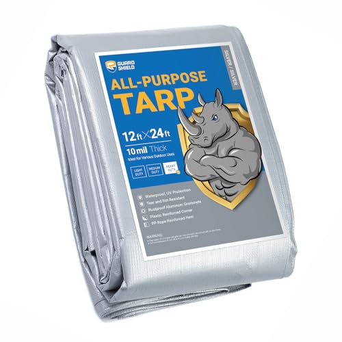 GUARD SHIELD Heavy Duty Tarp 12x24 Feet Silver Multi Purpose Thick Waterproof Poly Tarp Cover 10mil