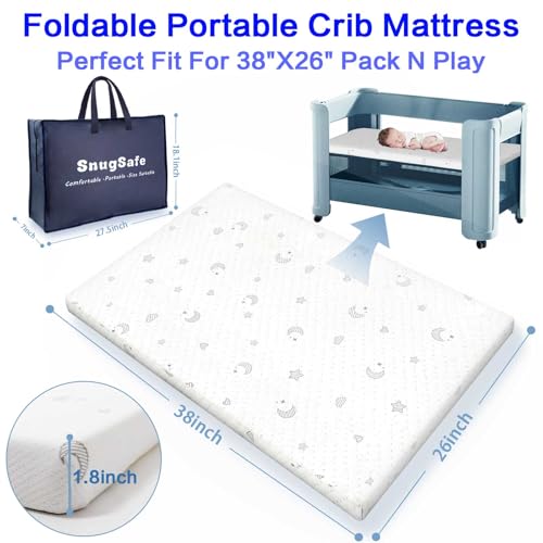 Image of Breathable Pack and Play Mattress Pad (38 inchx26 inchx1.8 inch), Waterproof Pack n Play Mattress Pad with Anti-Slip Bottom, Portable Playard Mattress with Carry Bag, 1.8 inch Thick
