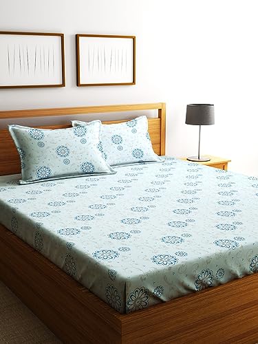 Image of Home Sizzler 144TC Daisy Dreams Light Blue Floral Double Bedsheet with 2 King Size Pillow Covers