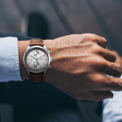Image of Titan Multifunction Classique Silver White Round Dial Dark Brown Colour Stainless Steel Strap Mens Watch - 10026SL02