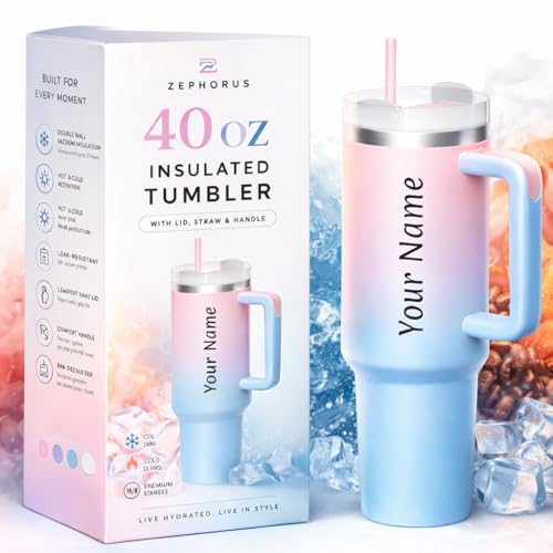 Image of Zephorus Personalized Stainless Steel Tumbler with Handle, 1200ml Capacity, Black Insulated Travel Mug with Straw, Custom Name Design (Candy)