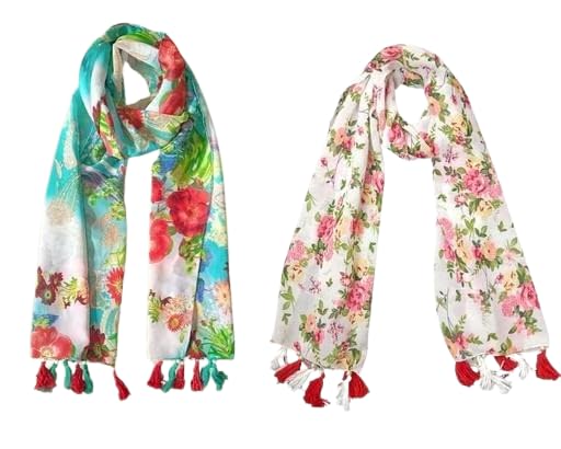 Multicolored Chiffon Scarfs For Women And Girls With Floral Print, Pack Of 2 Stoles-image-36