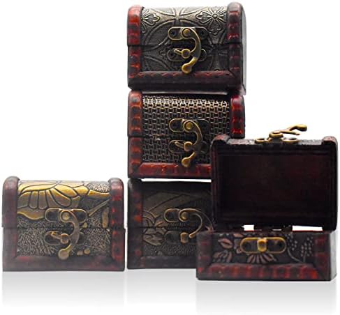 Forreen Treasure Chest Small, 5 Pieces Wooden Chest with Lid Vintage Pirate Antique Design Multifunctional Jewellery Box for Girls Ladies Women Home Decorations,Random Set