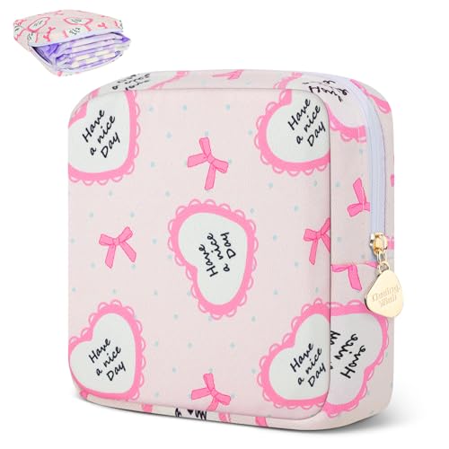 Image of Sanitary Pad Storage Bag Portable Period Bag for Teen Pads /Sanitary Napkins /Small Tampons, Sanitary Napkin Storage Bag First Period Gifts for Teen Girls (Bowknot Heart)