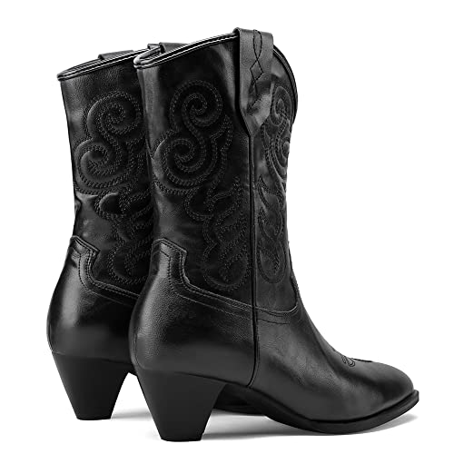 Image of Womens Embroidered Cowgirl Boots Pull On Cowboy Boots for Women Floral Low Chunky Heel Western Boots