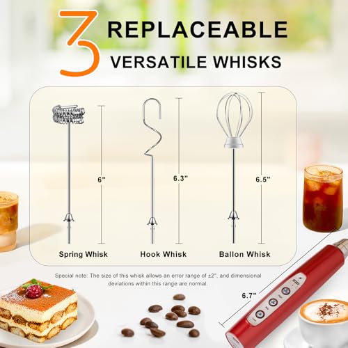 Image of YUSWKO Red Milk Frother Handheld with 3 Heads, Coffee Whisk Foam Mixer with USB Rechargeable 3 Speeds, Electric Mini Hand Hand Frother for Latte, Cappuccino, Hot Chocolate, Egg