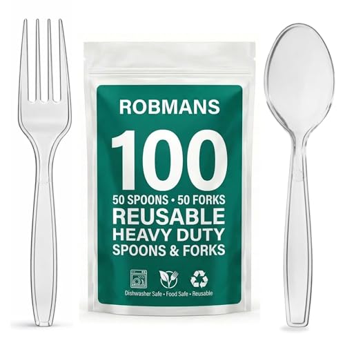 Image of 100 Pack Clear Reusable Cutlery Set – 50 Forks & 50 Spoons – Heavy Duty Reusable Party Cutlery for Buffets, BBQs, Picnics, Weddings & Outdoor Events – Dishwasher Safe
