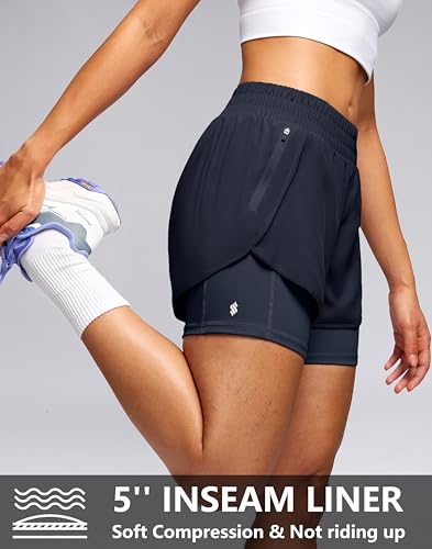 Soothfeel Short feminino de corrida atlético 2 em 1 com bolso com zíper de 12,7 cm de cintura alta p